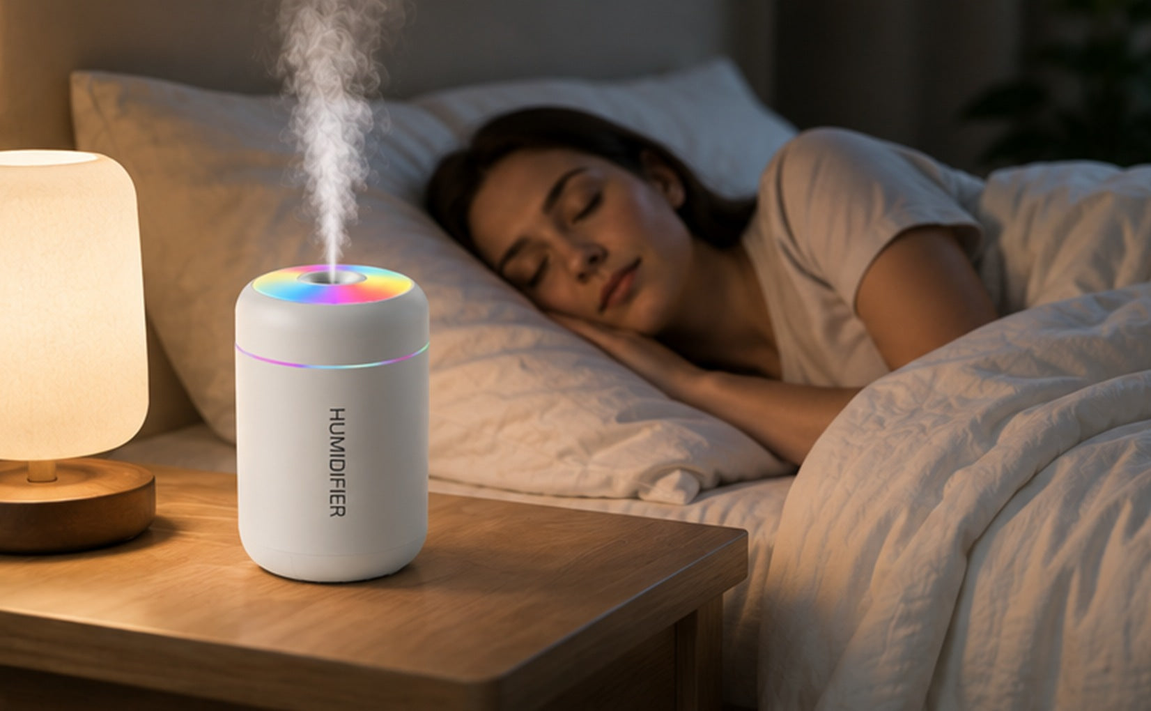 Difusor de aroma encendido en una mesita de noche